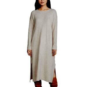 Line And Dot Sweater Midi Dress Women's L Oatmeal Crewneck Side Slits NEW NWT